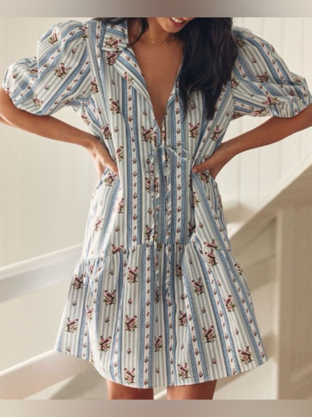 Anthropologie/LyreBird Blue Puff Sleeve Floral Print Button Up Mini Dress:S